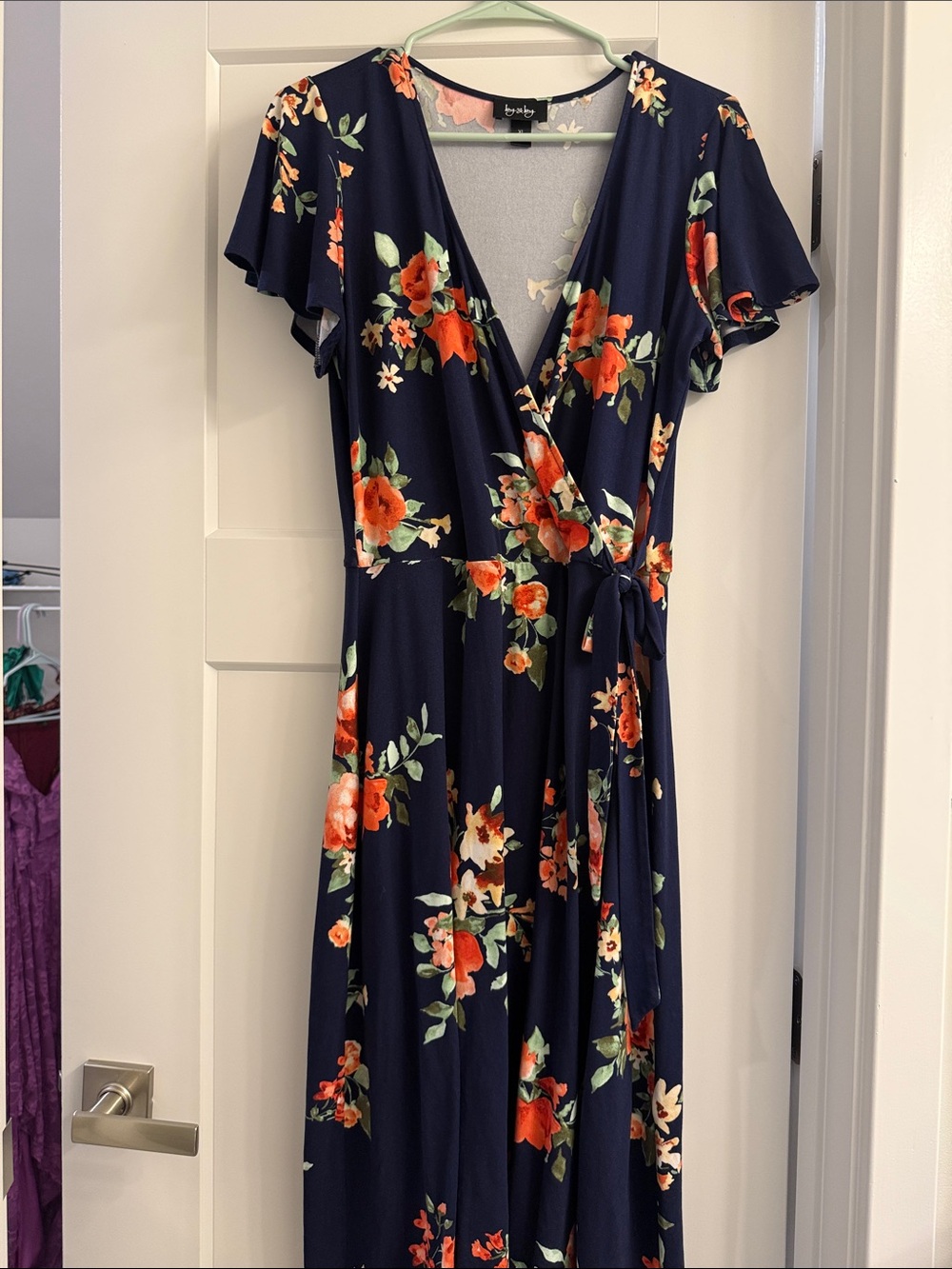 by & by Navy Floral Wrap Dress with Orange Blooms
